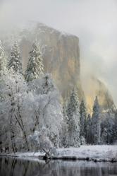 Photo by Nancy Robbins. Yosemite icon El Capitan stands out against snow after a winter storm